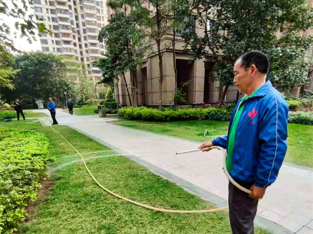 绿化公司工人对植物浇水浇灌