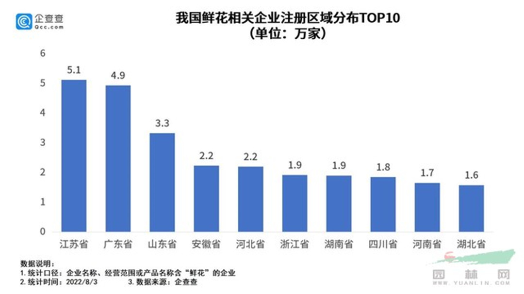 我国鲜花相关企业注册区域漫衍top10